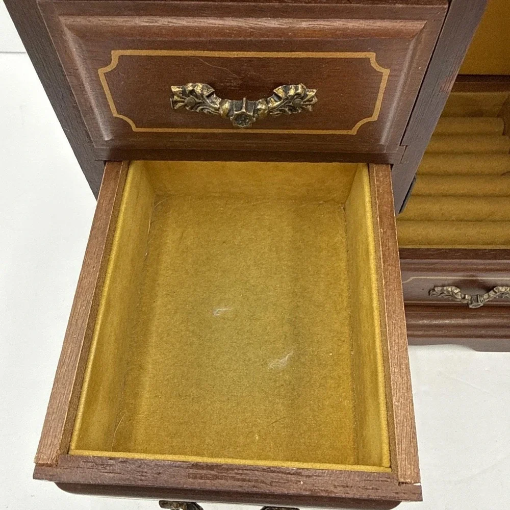 Vtg Jewelry Music Box Chest Etched‎ Glass Doors Drawer Armoire Wooden